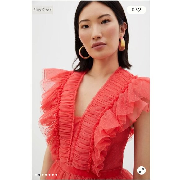 NEW Geisha Designs Anthropologie Ruffled Tulle Sheer Velvet-Trim V-Neck Blouse - Picture 3 of 16